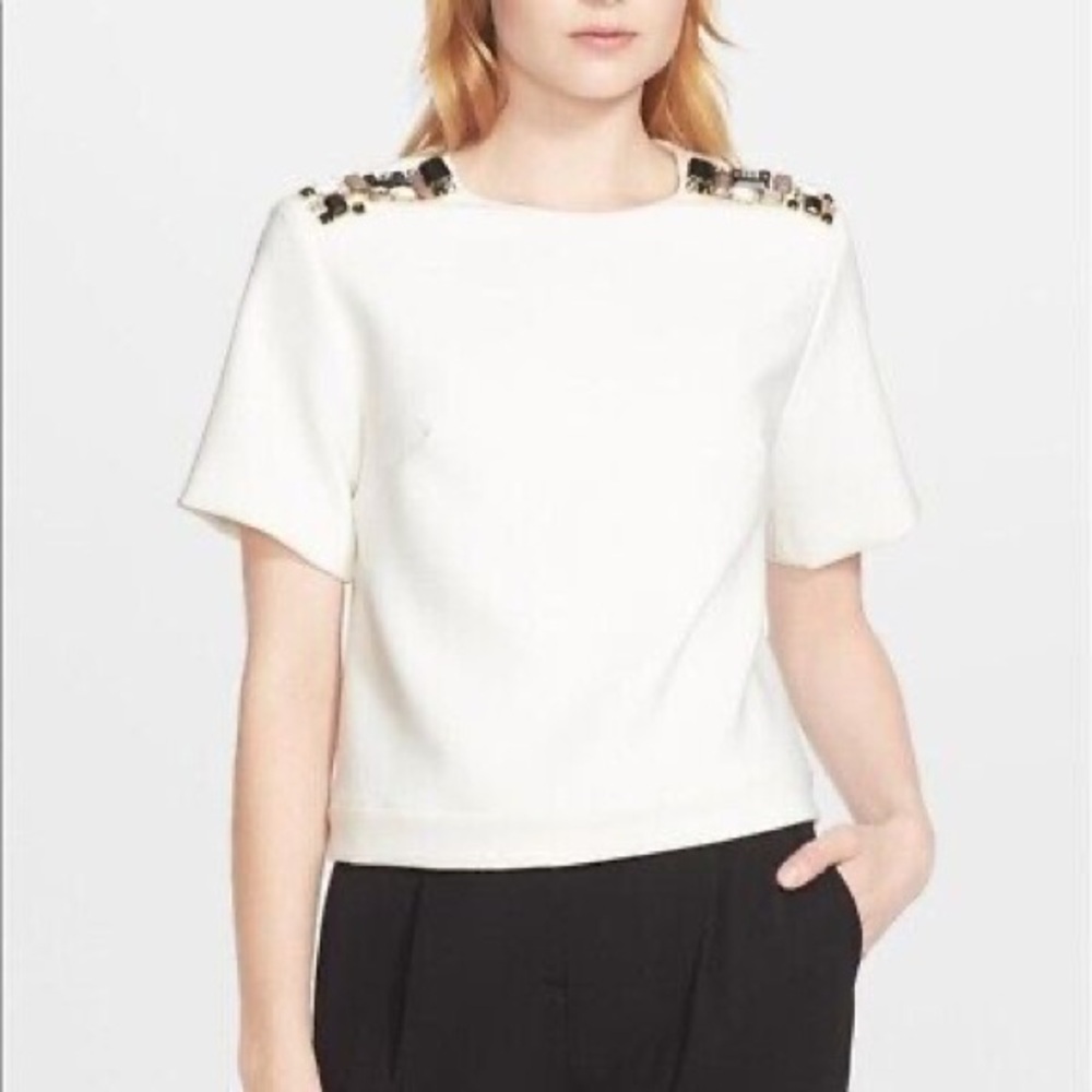 Kate Spade Cream Embellished Short Sleeve Blouse